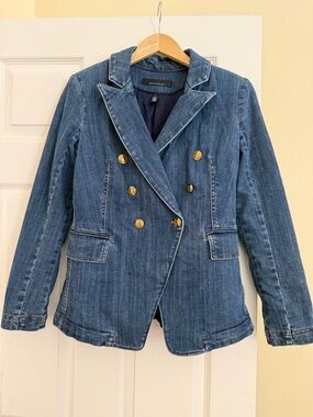 White House Black Market Double-Breasted Denim Blazer in Blue with Gold Buttons